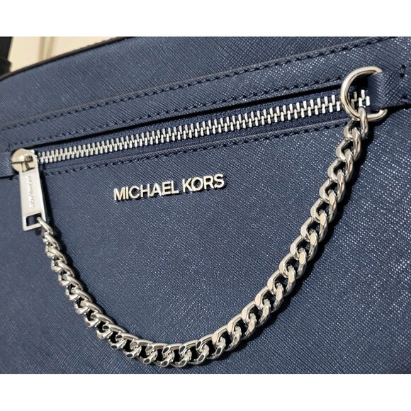 Michael Kors Jet Set Large Logo Saffiano Leather Crossbody Bag W Chain Navy NWT - Picture 8 of 12